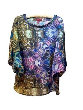 Ted Baker Womens Beaded Collar Abstract Print Blouse Size 2 Boho